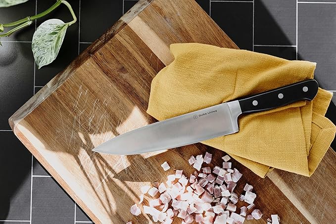 DURA LIVING 8 Inch Professional Chef Knife – High Carbon Stainless Steel, Razor-Sharp, Versatile Cooking & Cutting Kitchen Knife, Ergonomic Handle, Sleek Black Design