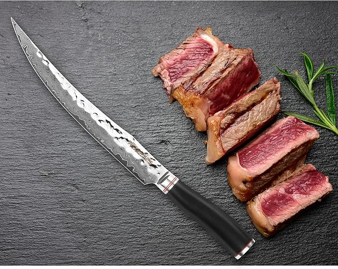 YOUSUNLONG Slicing & Carving Knife - 10'' (25.4cm) - Damascus - Japanese Hammered VG10 Steel - Ham Slicer - Razor Sharp -Natural Ebony wood Handle With Leather Sheath - Slicer Cleaver