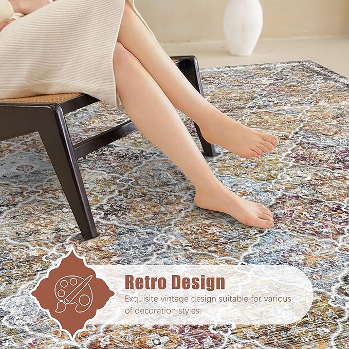 5' x 7' Washable Area Rug - Low Pile Soft Vintage Indoor Rug for Living, Dining or Bedroom - Lightweight Carpet with Non-Slip Backing - Foldable for Easy Placement, Multi