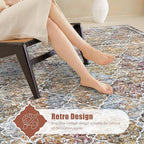 9' x 12' Washable Area Rug - Low Pile Soft Vintage Indoor Rug for Living, Dining or Bedroom - Lightweight Carpet with Non-Slip Backing - Foldable for Easy Placement, Multi