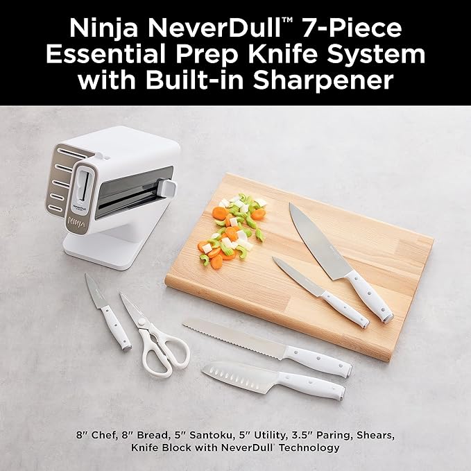 Ninja K12007WHBN NeverDull 7-Piece Prep Knife System, Essential, High Carbon Stainless Steel, Built-in Sharpener, White