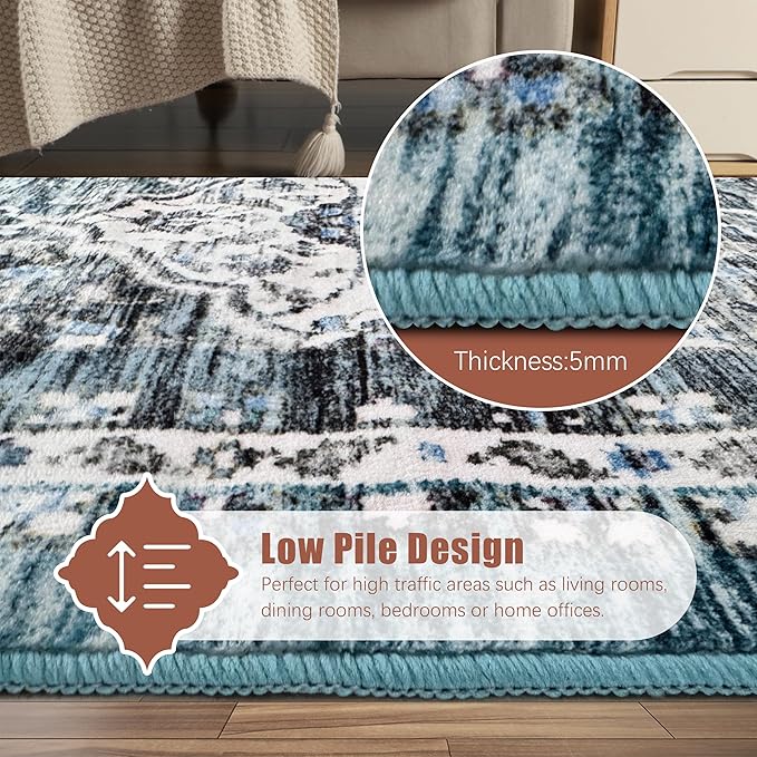 6' x 9' Washable Area Rug - Low Pile Soft Vintage Indoor Rug for Living, Dining or Bedroom - Lightweight Carpet with Non-Slip Backing - Foldable for Easy Placement, Ocean Blue