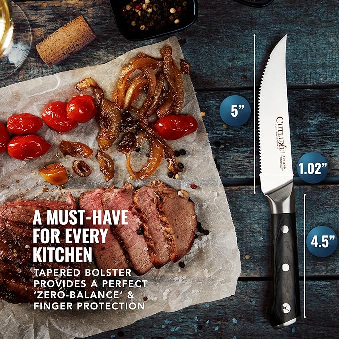Cutluxe Steak Knives Set of 6, Serrated Steak Knives – Forged High Carbon German Steel, Full Tang, Ergonomic Handle Design – Artisan Series