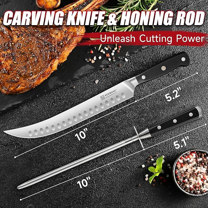 KEEMAKE BBQ Carving Knife Set - 10" Butcher Knife & 10" Honing Rod Slicing Knife Set for Meat Cutting Razor Sharp German Steel with Ergonomic Handle Full Tang Design Gift Box Included