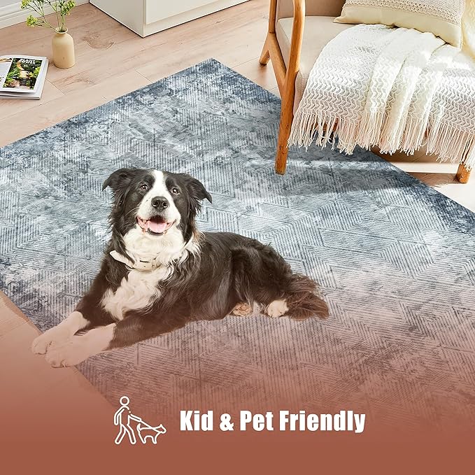 4' x 6' Washable Area Rug - Low Pile Soft Vintage Indoor Rug for Living, Dining or Bedroom - Lightweight Carpet with Non-Slip Backing - Foldable for Easy Placement, Blue