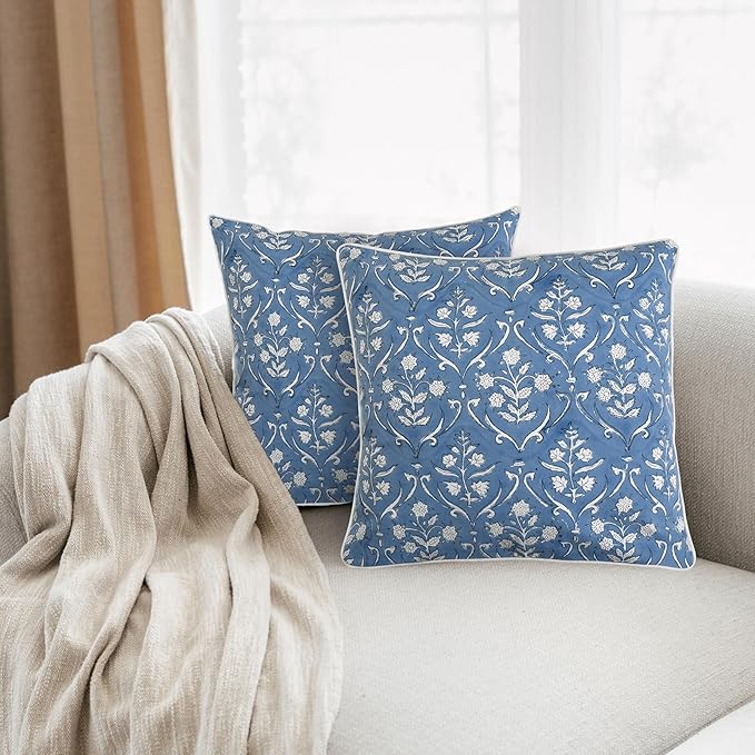 Ridhi Hand Block Print 18x18 Baby Blue Decorative Outdoor Couch Throw Canvas Pillow Cover Set of 2 Washable Modern Vintage Boho Chic Spring Home Decor Gifts Cover
