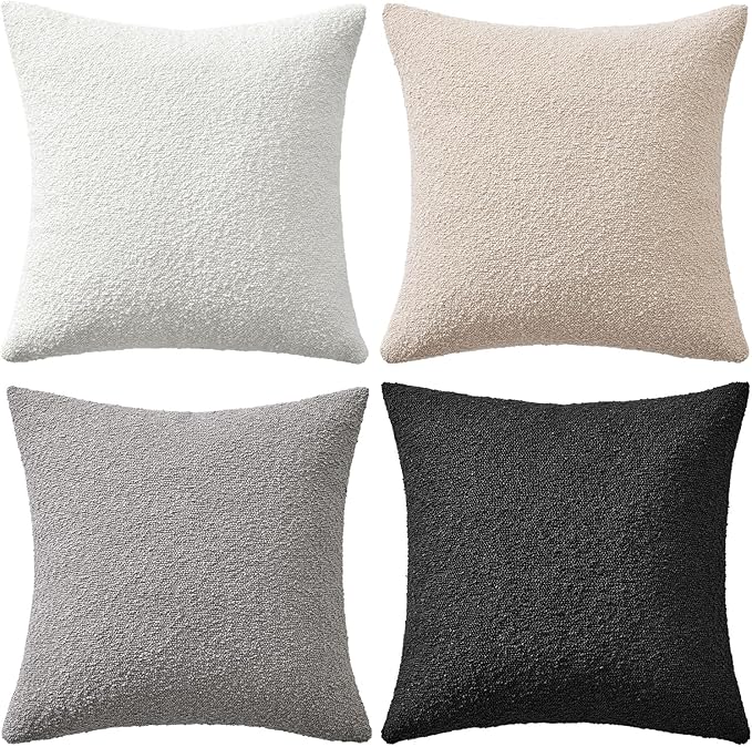 MIULEE Pack of 4 Decorative Textured Boucle Throw Pillow Covers 18x18 Inch Black White Accent Solid Pillow Cases Soft Couch Cushion Covers Modern Farmhouse Boho Chair Sofa Bed Livingroom Home Decor