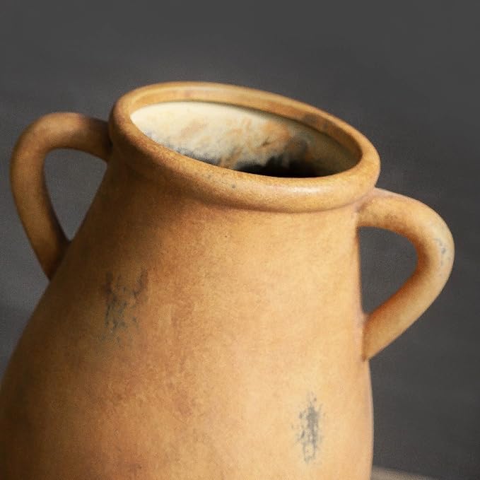 Ceramic Rustic Vase with 2 Handles, 9.05 inch Farmhouse Flower Vase, Pottery Flower Vase for Home Decor, Living Room Shelf Decor, Enterway, Table