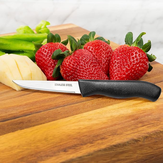 Paring and Garnishing Knife, 12-Piece Set, Knives with Straight Edge 3 Inch Blade, Stainless Steel, Spear Point, Fruit and Vegetable Cutting and Peeling, Black