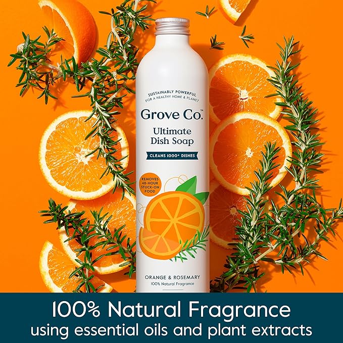 Grove Co. Ultimate Dish Soap Refills (3 x 16 Fl Oz) Removes 48-hr Stuck-on Food & Grease, No Plastic or Parabens, 100% Natural Orange & Rosemary Fragrance