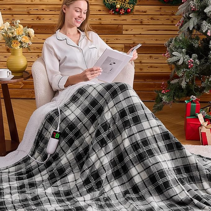 Black Heated Blanket Electric Full Size,72X84 Heating Blanket,Plaid Soft Sherpa Blankets Warmer Gift for Grandma Women Adult,Fast Heating Washable,ETL