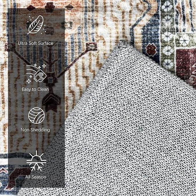 Vintage 3' x 5 ' Washable Area Rug - Stylish Indoor Rug for Living, Dining or Bedroom - Lightweight Carpet with Non-Slip Backing - Foldable for Easy Placement and Maintenance - Rust