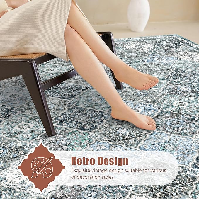 6' x 9' Washable Area Rug - Low Pile Soft Vintage Indoor Rug for Living, Dining or Bedroom - Lightweight Carpet with Non-Slip Backing - Foldable for Easy Placement, Ocean Blue