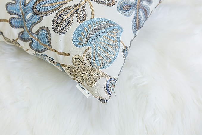 Mika Home Set of 2 Jacquard Tropical Leaf Pattern Throw Pillow Covers Decorative Pillowcase 22X22 Inches,Blue Cream