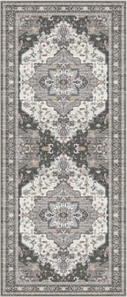 GENIMO 3X7 Hallway Runner Rug, Machine Washable Non Slip Vintage Floral Patchwork Runners, Thin Low Pile Chenille Carpet Runners for Entryway, Kitchen, Bathroom, Bedroom, Slate Gray