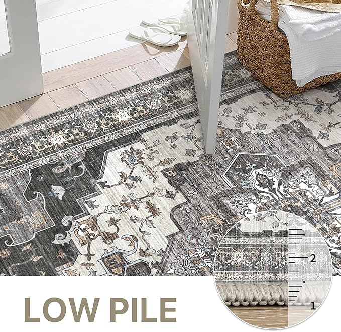 GENIMO 2X6 Hallway Runner Rug, Machine Washable Non Slip Vintage Floral Patchwork Runners, Thin Low Pile Chenille Carpet Runners for Entryway, Kitchen, Bathroom, Bedroom, Slate Gray