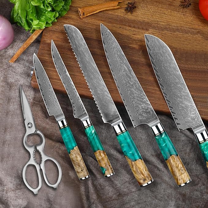 7-Piece Damascus Knife Block Sets, Damascus Knife Set for Professional Chefs, Cutlery Kitchen Scissors and Knives, Premium Razor Sharp Professional Chef Knife with Kitchen Shears and Block Set