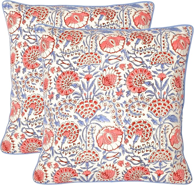 Ridhi Hand Block Print 20X20 Flamingo Pink Decorative Outdoor Couch Throw Canvas Pillow Cover Set of 2 Washable Modern Vintage Boho Chic Spring Home Decor Gifts Cover