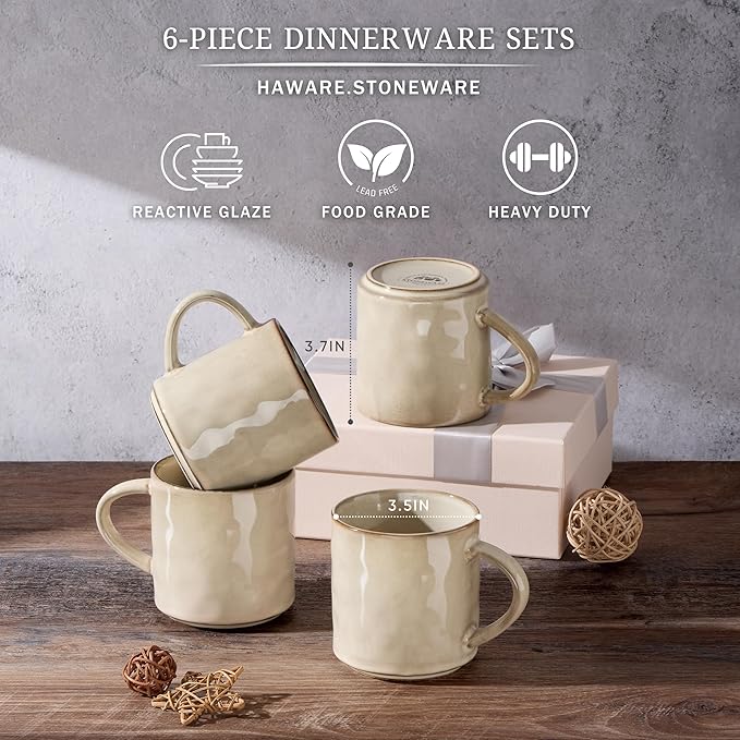 HaWare 14OZ Coffee Mugs Set of 6, Stoneware Coffee Cups with Handle, Latte Mug for Man, Woman, Dad, Mom, Modern Tea Mugs for Latte/Cappuccino/Cocoa/Milk, Dishwasher& Microwave Safe, Saturn Khaki