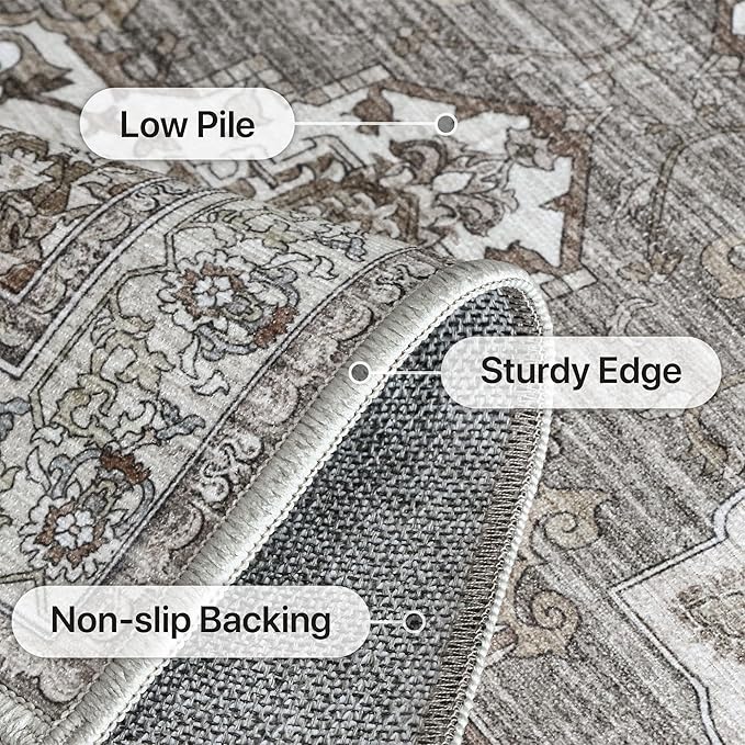 GENIMO 2X10 Hallway Runner Rug, Machine Washable Non Slip Vintage Floral Patchwork Runners, Thin Low Pile Chenille Carpet Runners for Entryway, Kitchen, Bathroom, Bedroom, Slate Gray