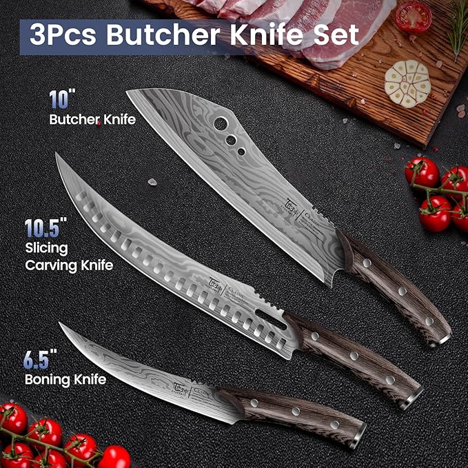 Butcher Knife Set, 3 PCS Kitchen Knives Set for Cutting, Meat Cleaver Chef Knife Set, Japanese Style High Carbon Steel Knives Set, Chopping & Slicing & Boning for Home and BBQ, Gift for Men