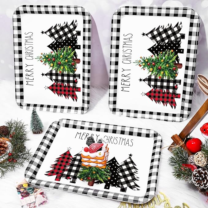 3Pcs Christmas Serving Trays Black and White Plaid Xmas Tree Platter Rustic Serving Dishes for Holiday Party Sharing Snacks Fruit Dessert Candy