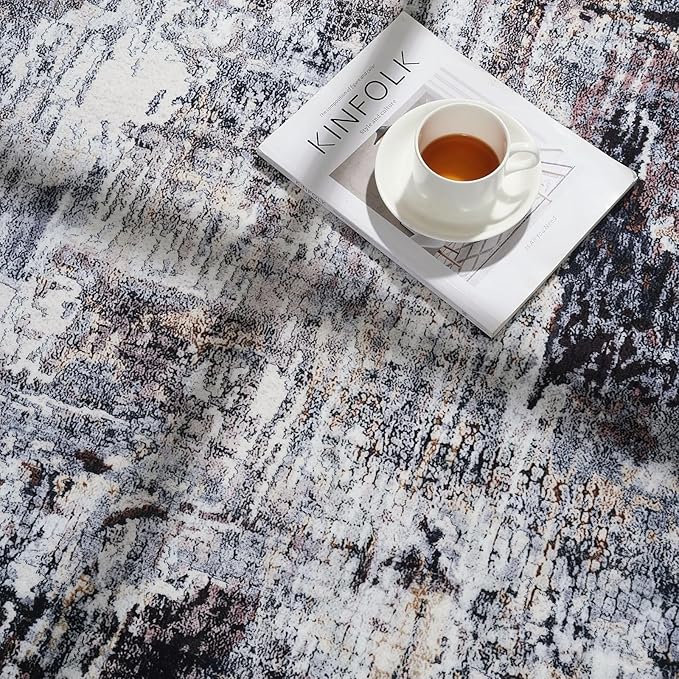 Rugcomf Modern Abstract Washable Rugs 8'x10' - Non-Slip Low Pile Area Rug, Large Boho Carpet for Living Room, Bedroom, Dining Room, Farmhouse, Kids Playroom, Office - Brown