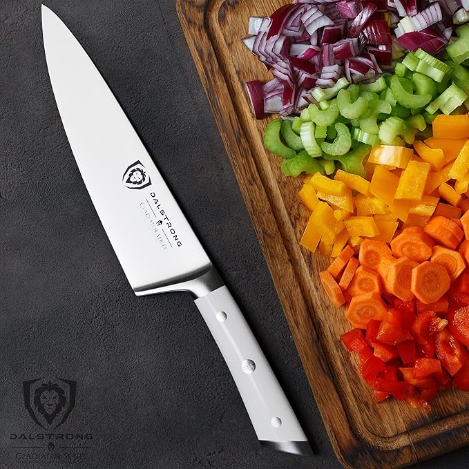 DALSTRONG Chef Knife - 8 inch Blade - Gladiator Series - Forged High Carbon German Steel - Razor Sharp Kitchen Knife - Professional Full Tang Knives - Glacial White Handle ABS - Sheath - NSF Certified