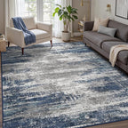 GENIMO 8x10 Area Rugs, Machine Washable Rugs for Living Room, Non Slip Indoor Modern Rug，Low Pile Lightweight Blue Print Carpet for Bedroom Dining Room Home Office, Blue Ivory