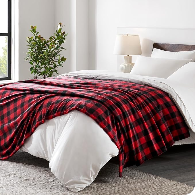 Bare Home Textured Fleece Blanket - Twin/Twin Extra Long - Ultra-Soft Lightweight for Bed, Sofa, and Couch - Luxury Microplush - Cozy Warm Blanket (Twin/Twin XL, Chester Buffalo Plaid - Red/Black)