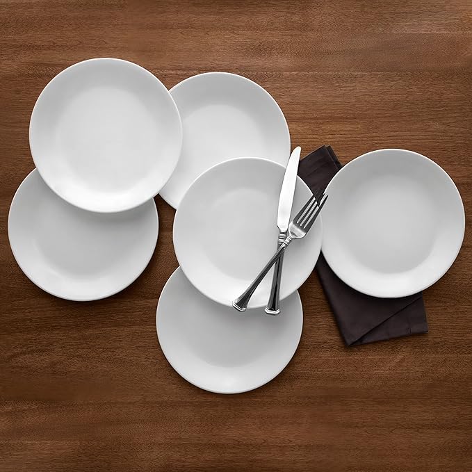Corelle Vitrelle 6-Piece Salad Plates Set Triple Layer Glass and Chip Resistant, 8-1/2-Inch Lightweight Round Plates, Winter Frost White