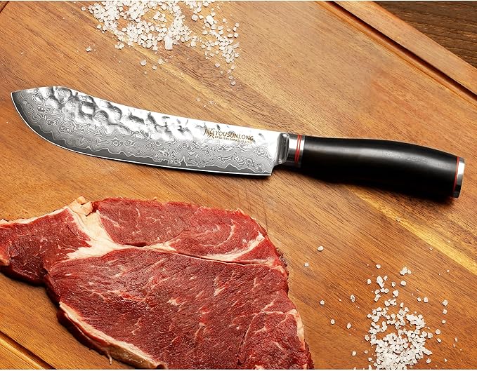 YOUSUNLONG Breaking Knife Bull Nose Butcher Knife 8" Japanese 67 Layers Hammered Damascus Steel with Natural Leadwood Handle