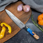 SENKEN Damascus Steel Chef's Knife - Tsunami Collection - 67-Layer Japanese VG10 Steel Core - Unique Blue Resin & Natural Wood Handle, Razor Sharp, Beautiful Damascus Wave Pattern (8" Chef's Knife)
