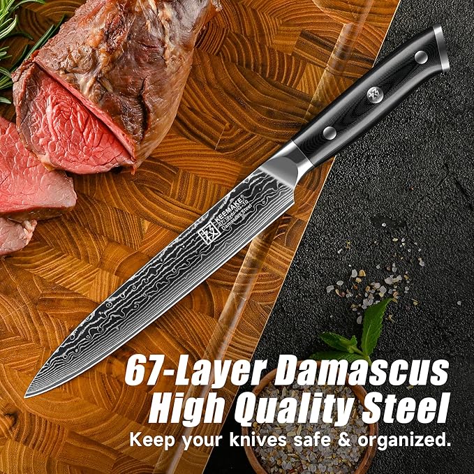 KEEMAKE Carving Knife for Meat, 8 Inch Ultra Sharp Damascus Kitchen Knives with G10 Ergonomic Handle, Brisket Knife for Meat Cutting, Japanese Knives for BBQ Ham Roast Turkey Vegetable