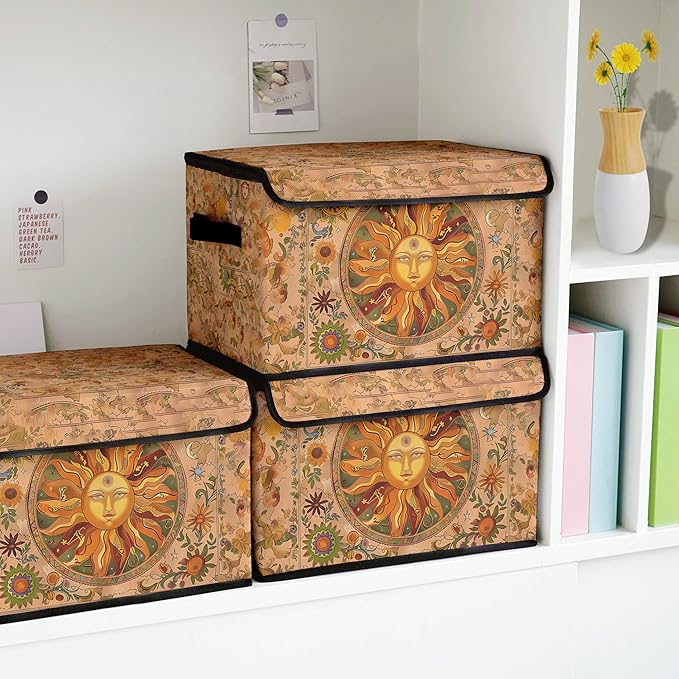 Stackable Clothes Storage Bins with Lids,Closet Organizers Fabric Box for Home and Office,Blanket Clothes Organizers,Under Bed Storage Containers 3 Pack(Sun).
