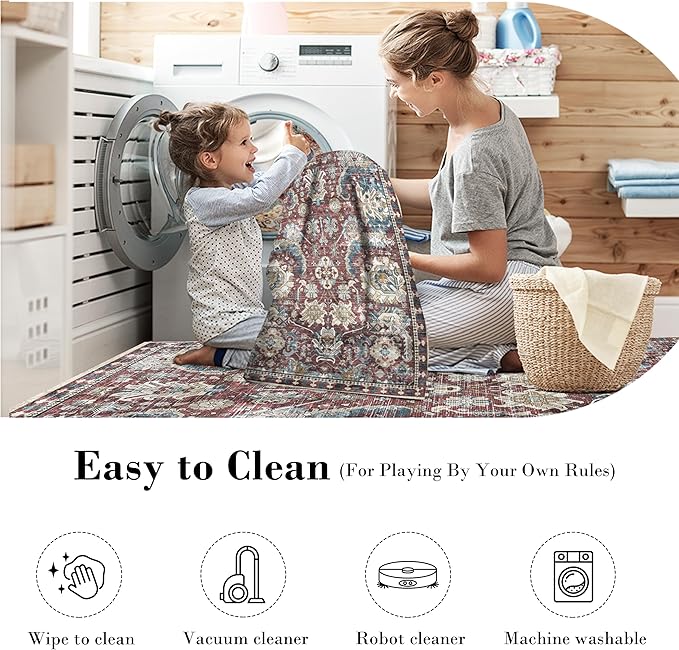 RUGSURE Washable Area Rugs - Perfect for Living Room, Bedroom, Kids Room, Nursery - Stain & Water Resistant Non-Slip, Pet & Child Friendly, Vintage Tribal Area Rugs (Rust and Bule, 2'6'' x 8')