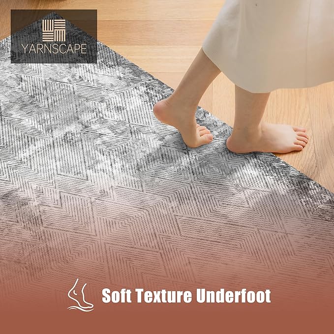 2'6'' x 8' Washable Area Rug - Low Pile Soft Vintage Indoor Rug for Living, Dining or Bedroom - Lightweight Carpet with Non-Slip Backing - Foldable for Easy Placement, Grey