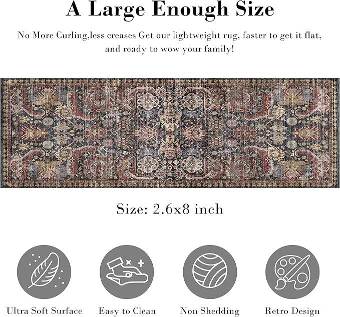 RUGSURE Washable Area Rugs - Perfect for Living Room, Bedroom, Kids Room, Nursery - Stain & Water Resistant Non-Slip, Pet & Child Friendly, Vintage Tribal Area Rugs (Rust, 2'6'' x 8')