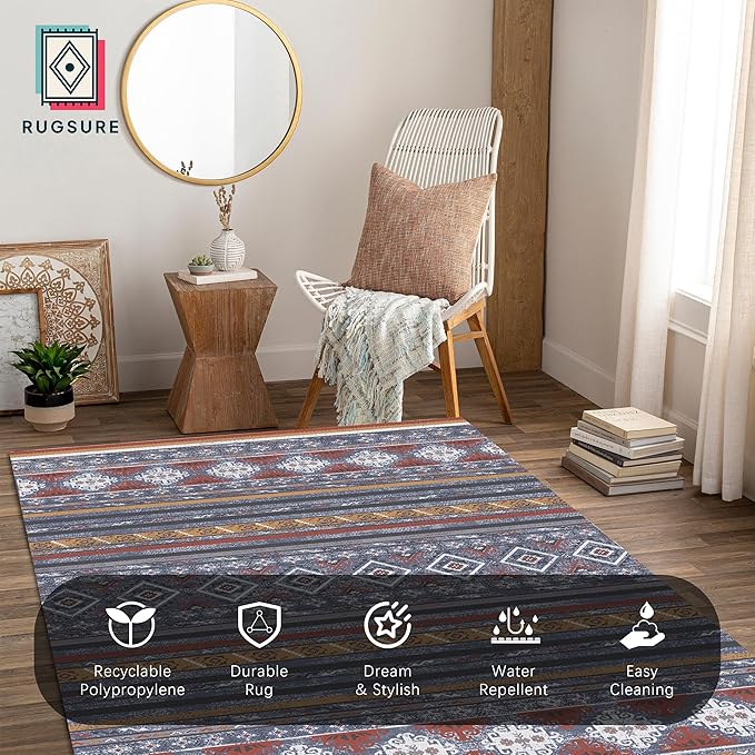 RUGSURE Washable Area Rugs 8' x 10' - 1/6 Thick - Moroccan-Inspired -Stain & Water Resistant Non-Slip - Resistant Rug for Living Room, Bedroom, Nursery, Pet & Child Friendly (Blue and Red)