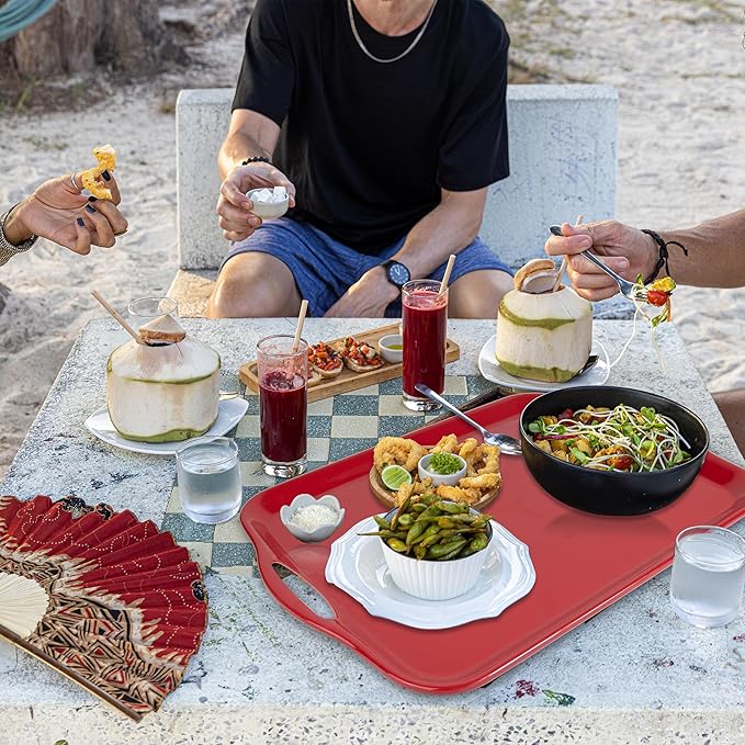 17.5 x 12’’ Large Melamine Serving Tray with Handles, Set of 2 Rectangular Melamine Serving Platters, Dishwasher Safe Trays for Eating, Appetizer, Charcuterie, Snack, Fruits, Desserts, Red