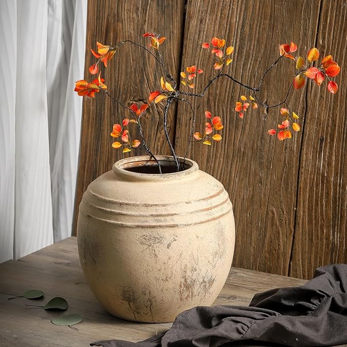 Ceramic Flower Vase, 8.66 inch Tall Round Rustic Farmhouse Decorative Vase for Home Decor, Living Room Entryway Table Centerpiece Decor