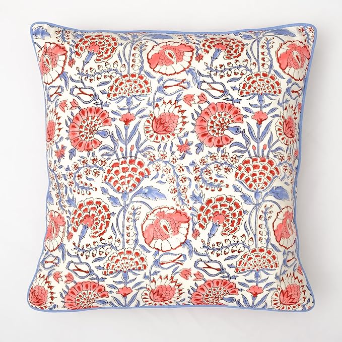 Ridhi Hand Block Print Flamingo Pink Decorative Outdoor Couch Throw Canvas Pillow Cover Set of 2 16x16 Washable Modern Vintage Boho Chic Spring Home Déco Cover