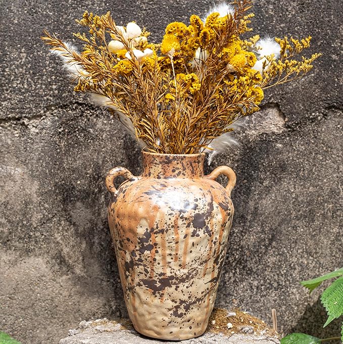 Rustic Pottery Ceramic Vase - Vintage Farmhouse Style Decor, White Grid Ceramic Vases for Home Decor, Modern Farmhouse Decor (Gray black)