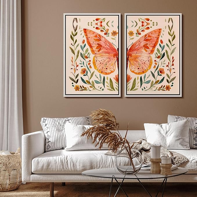 SIGNFORD Framed Canvas Print Wall Art Set Whimsical Butterfly and Florals Colorful Nature Illustration Modern Art Decorative Nordic Nature for Living Room, Bedroom, Office - 24"x36"x2 White