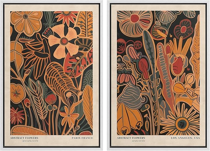 SIGNFORD Framed Canvas Print Wall Art Set Abstract Blossoms Vibrant Floral Illustration Modern Art Decorative Nordic Nature for Living Room, Bedroom, Office - 16"x24"x2 White