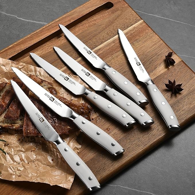 Klaus Meyer Stahl High Carbon Exclusive German Steel 4.5 inch 6 Piece Steak Knife Set (White)