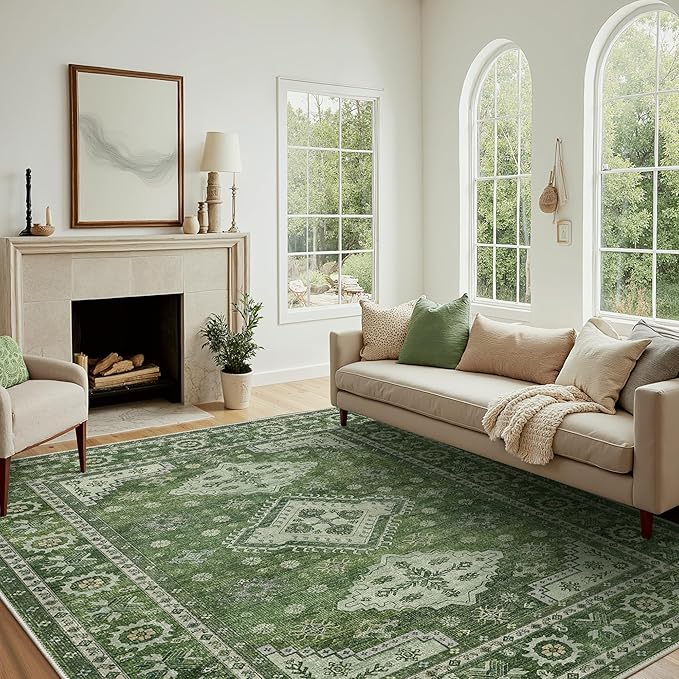 GENIMO Washable Rug 8X10 Area Rugs for Living Room Bedroom, Machine Washable Area Rug, Print Vintage Tribal Aesthetic Carpet, Low Pile Mat with Non Slip Rubber Backing, Distressed Green