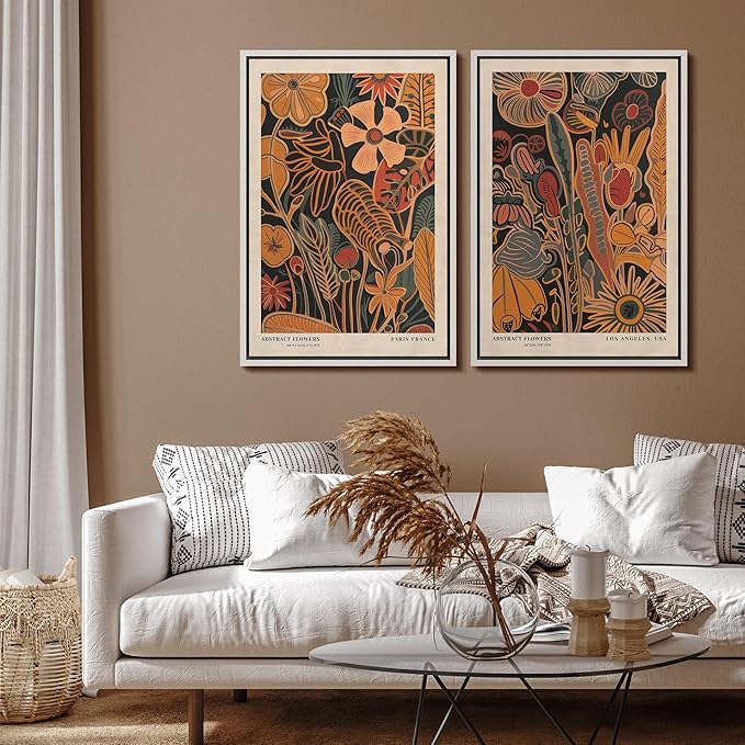 SIGNFORD Framed Canvas Print Wall Art Set Abstract Blossoms Vibrant Floral Illustration Modern Art Decorative Nordic Nature for Living Room, Bedroom, Office - 16"x24"x2 White