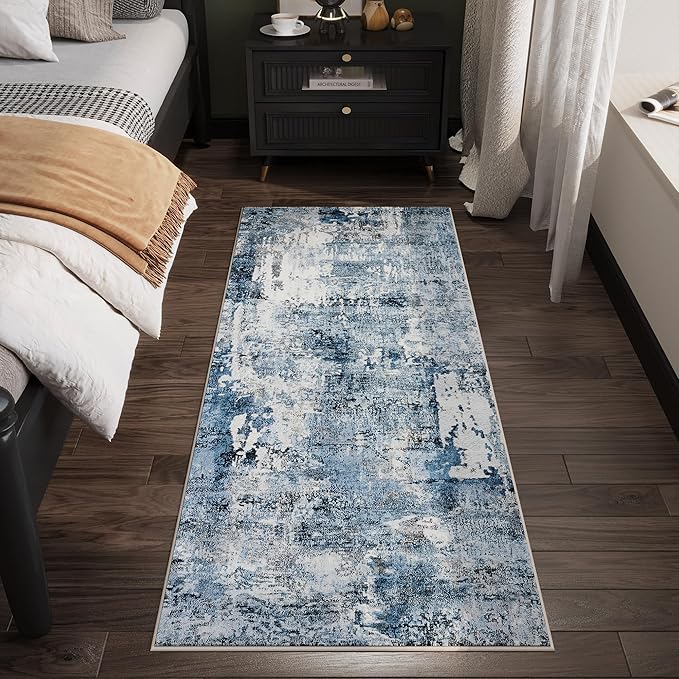 Rugcomf Runner Rug 2'6''x8' Hallway Washable Boho Soft Area Rug Abstract Pattern Non-Slip Faux Wool Vintage for Kitchen, Entryway, Laundry, Bedroom, Blue