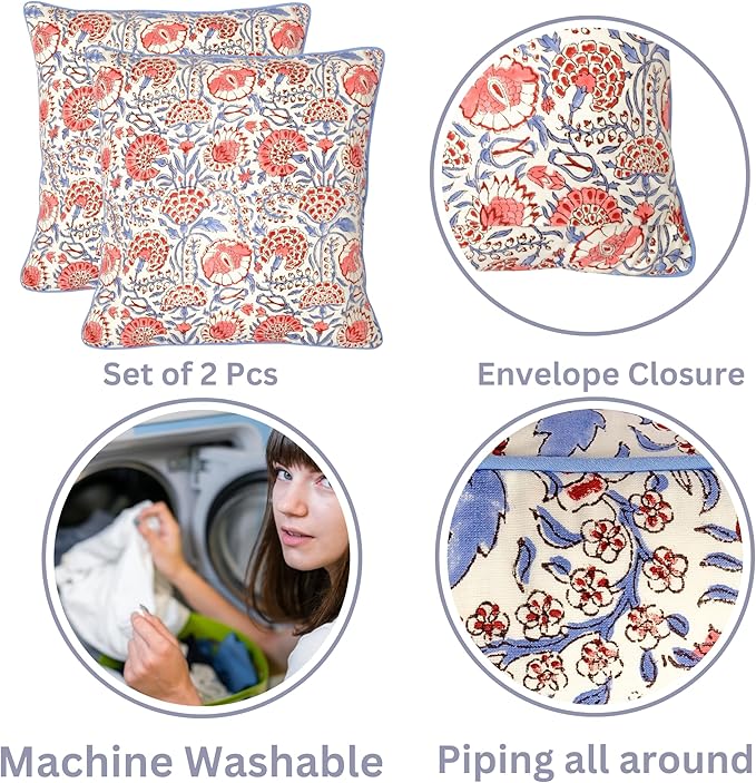 Ridhi Hand Block Print 20X20 Flamingo Pink Decorative Outdoor Couch Throw Canvas Pillow Cover Set of 2 Washable Modern Vintage Boho Chic Spring Home Decor Gifts Cover